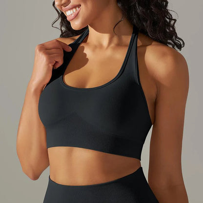 Women’s Seamless Halter Sports Bra - Padded Backless Workout Crop Top with Removable Cups