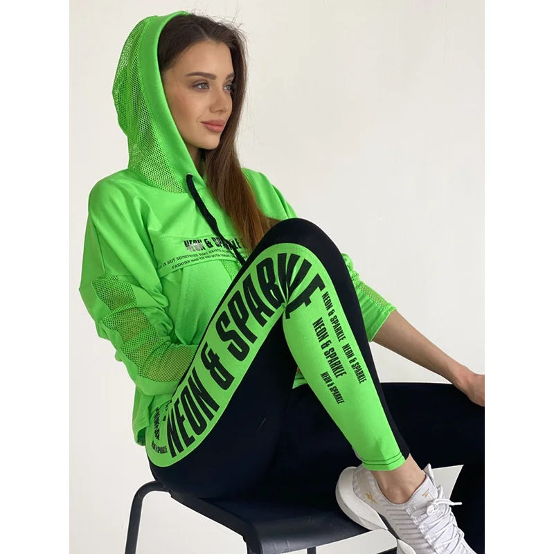 Gymdolphins Women Sweatshirt Set Loose Fit Hooded Top and Letter Printed Contrast Color High Waisted Pants Fashion Fitness Suit