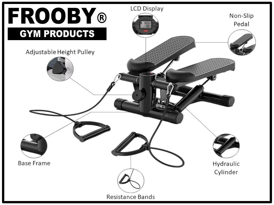 Mini stepper with LCD display, non-slip pedals, hydraulic cylinder, and resistance bands