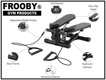 Mini stepper with LCD display, non-slip pedals, hydraulic cylinder, and resistance bands