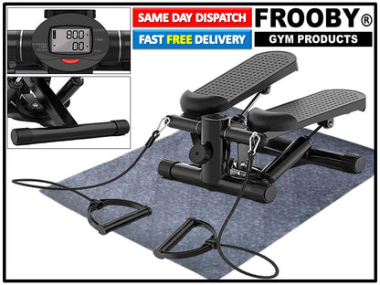 Mini stepper on blue mat with LCD screen, twin pedals and adjustable resistance bands