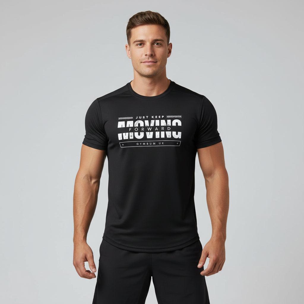 Black quick-drying performance t-shirt with 'Keep Moving' text and GymBumUK logo