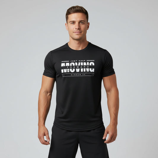 Black quick-drying performance t-shirt with 'Keep Moving' text and GymBumUK logo