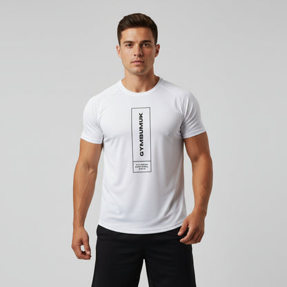 White crew neck GymBumUK long sleeve t-shirt with a central logo on the chest.