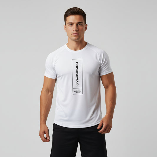 White crew neck GymBumUK long sleeve t-shirt with a central logo on the chest.