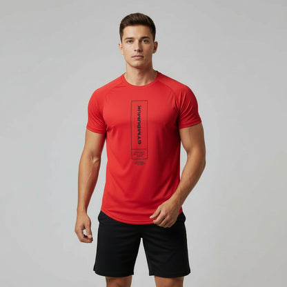 Man wearing a red athletic shirt with a logo on a gray background