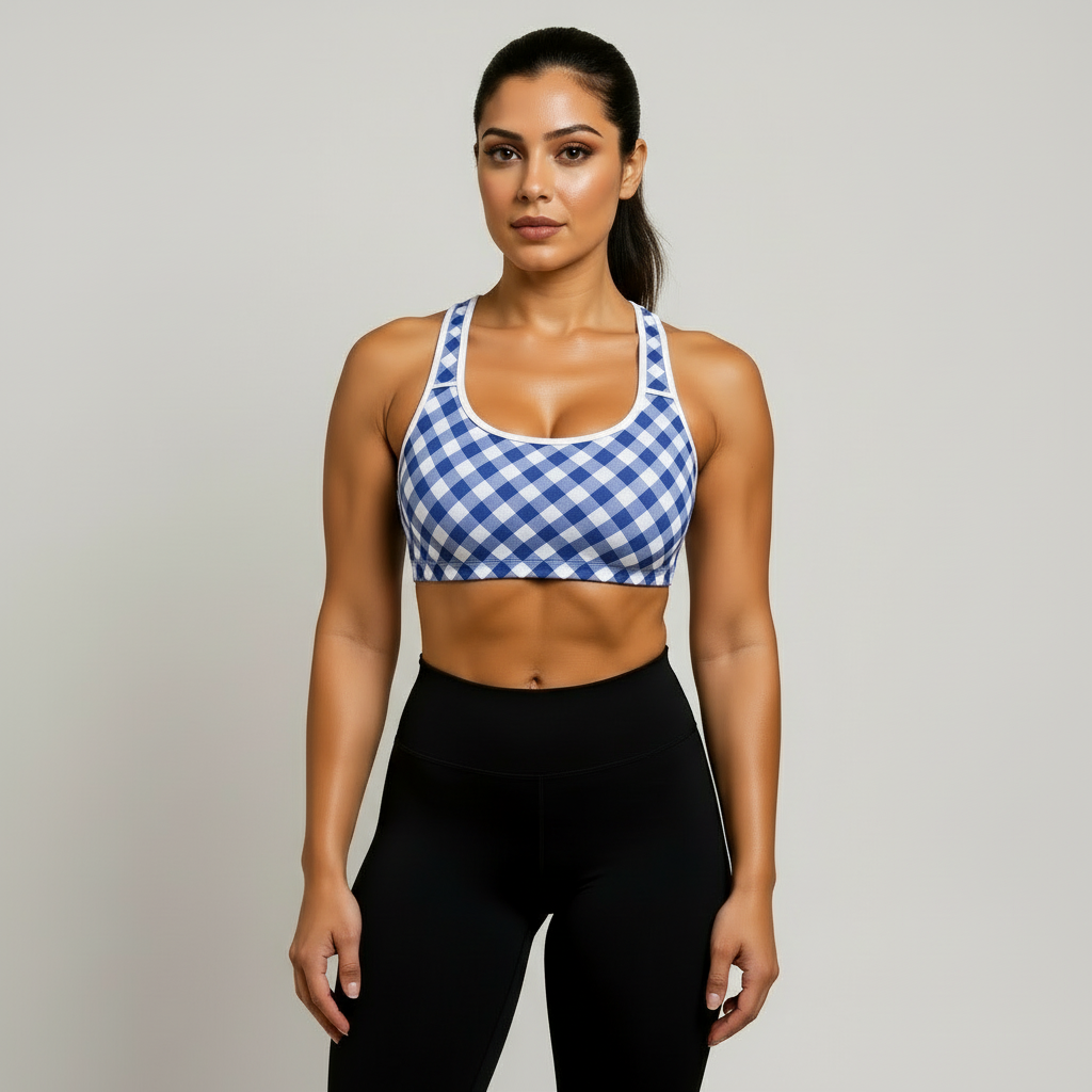 Woman wearing a blue and white checkered sports bra and black leggings on a beige background