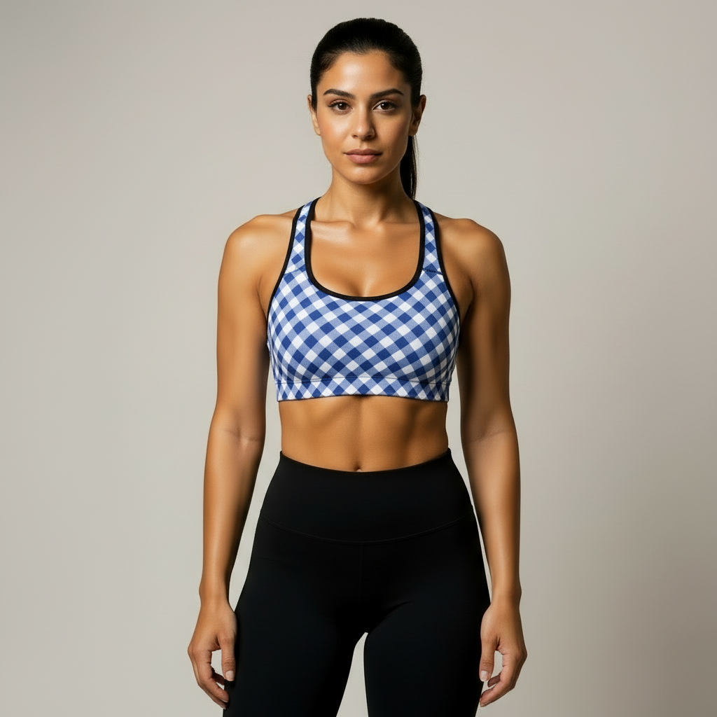 Woman wearing a blue and white checkered sports bra and black leggings against a neutral background