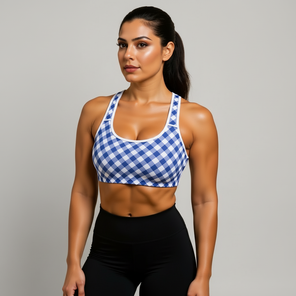 Woman wearing a blue and white checkered sports bra and black leggings on a beige background