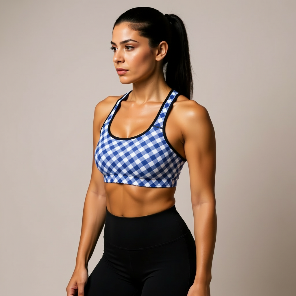Woman wearing a blue and white checkered sports bra and black leggings on a beige background