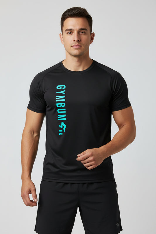 A black The GymbumUK AquaFlex T-Shirt with short raglan sleeves and a round neckline.