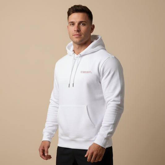 Man wearing a white hoodie with a brand logo on a beige background