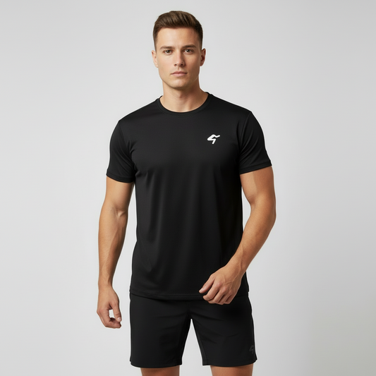 A black men's performance sport T-shirt with a small white logo on the chest, designed for quick drying and comfort during athletic activities.