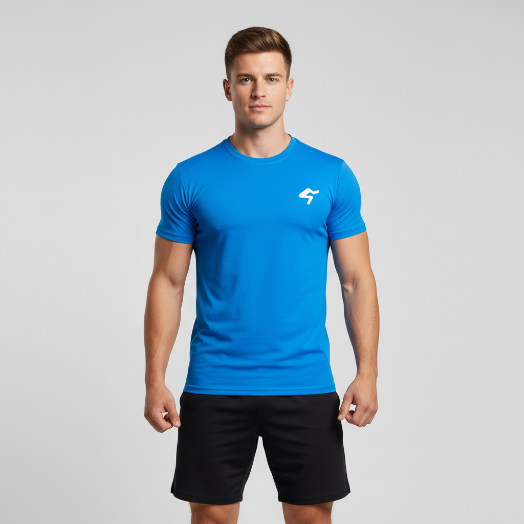 A blue men's performance sport T-shirt with a small white logo on the chest, designed for quick drying and comfort during athletic activities.
