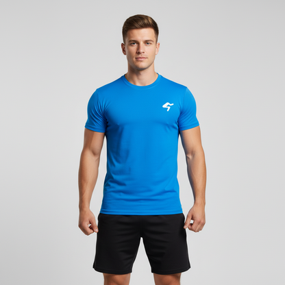 A blue men's performance sport T-shirt with a small white logo on the chest, designed for quick drying and comfort during athletic activities.