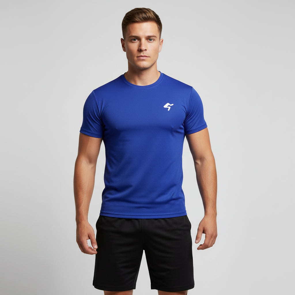 A navy men's performance sport T-shirt with a small white logo on the chest, designed for quick drying and comfort during athletic activities.