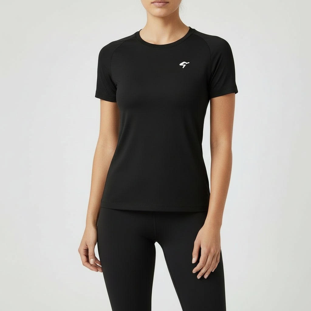 A black women's performance sport T-shirt with a white logo on the chest and a crew neck design.