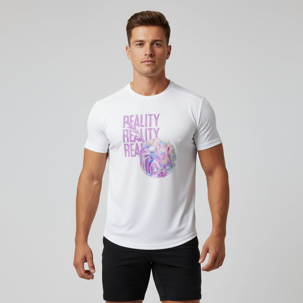 Man wearing a white t-shirt with 'REALITY' text and colorful design on a gray background