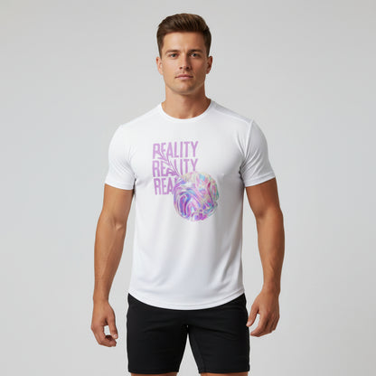Man wearing a white t-shirt with 'REALITY' text and colorful design on a gray background