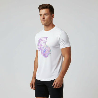 Man wearing a white t-shirt with text and graphics on a plain background