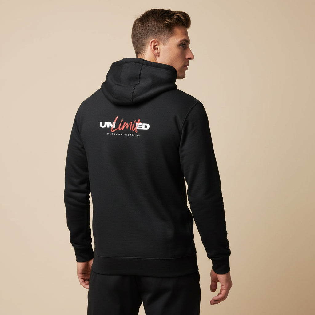 Man wearing a black hoodie with 'UNLIMTED' logo on the back against a beige background