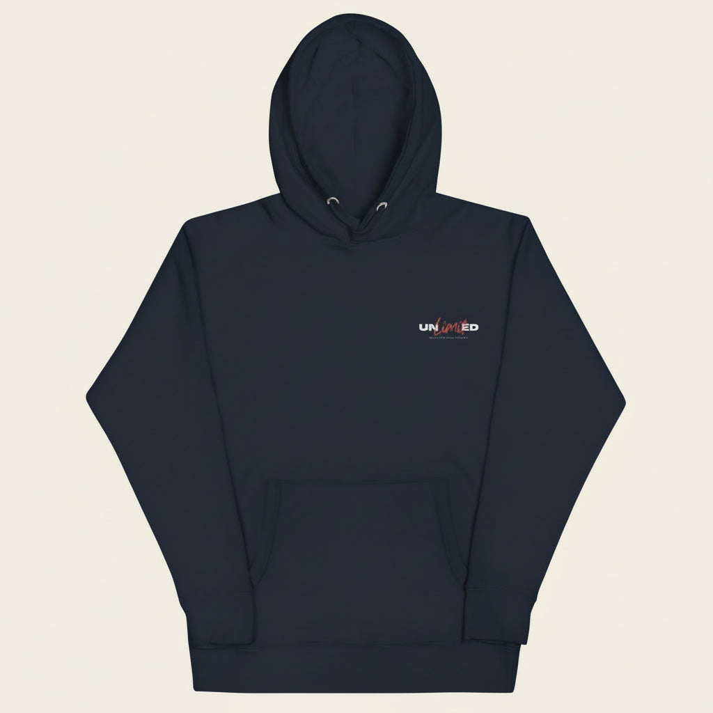 Navy blue hoodie with a small logo on the chest against a white background