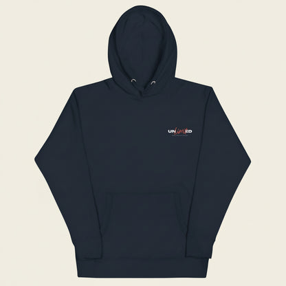 Navy blue hoodie with a small logo on the chest against a white background