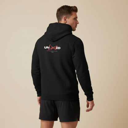 Black hoodie with 'UNLIMITED' text on a white background