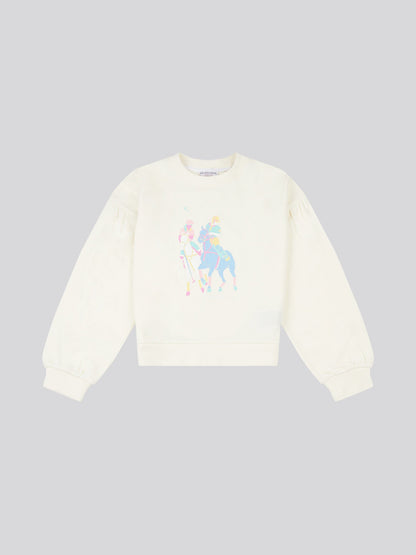Girls Double Horsemen Puff Sleeve Sweat in Marshmallow
