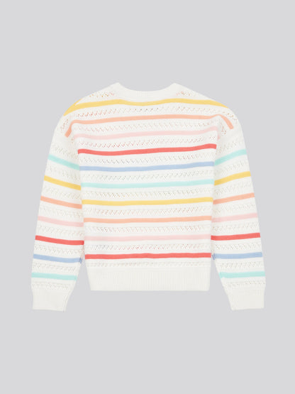 Girls Pointelle Stripe Knit Jumper in Bright White