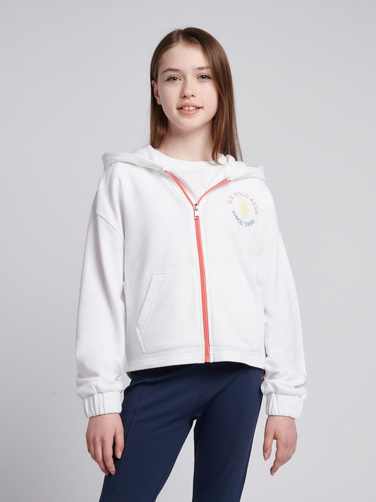 Girls Graphic Zip Through Sweat in Bright White