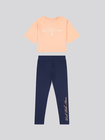 Girls Script Boxy Fit T-Shirt & Legging Set in Peach Nectar