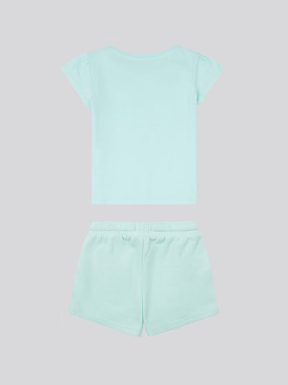 Girls Script Graphic T-Shirt & Sweat Short Set in Blue Light
