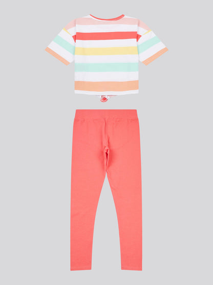 Girls Stripe T-Shirt & Legging Set in Sugar Coral
