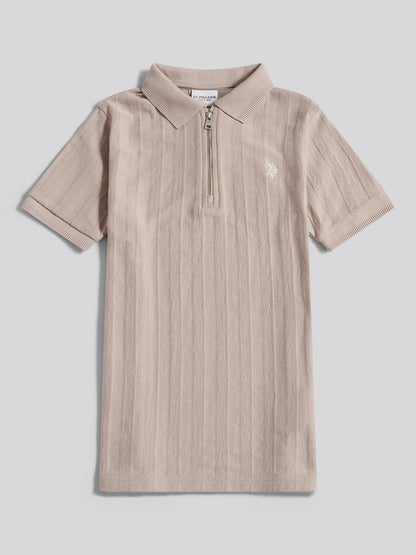 Boys Vertical Stripe Texture Zip Polo Shirt in Atmosphere