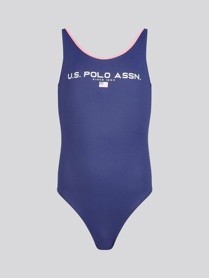 Girls Sport Logo Swimsuit in Medieval Blue