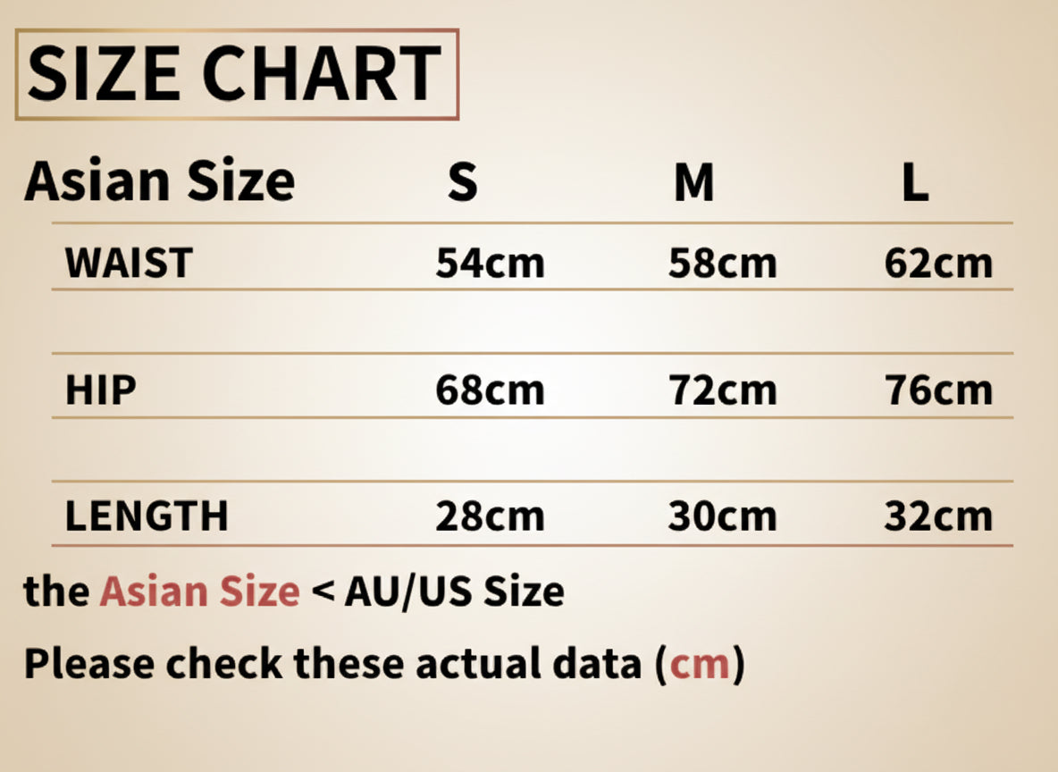 Size chart for clothing with waist, hip, and length measurements in centimeters.