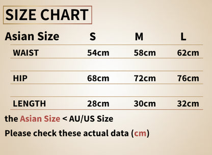 Size chart for clothing with waist, hip, and length measurements in centimeters.