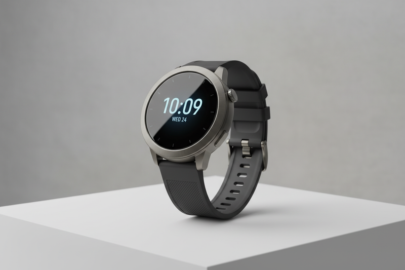 A clean, high-resolution product photo of a modern fitness smartwatch displayed on a neutral surface. Soft directional lighting highlights the watch face, bezel, and strap texture. Minimalistic, premium aesthetic suitable for an e-commerce hero/collection tile. No people or wrists. Background softly blurred for depth. The screen shows simple digital numbers (time/date) for realism. Style consistent with professional tech product photography.