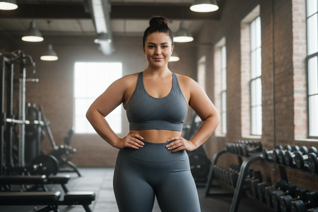 A confident plus-size GymBum-style fitness model in a modern gym environment, wearing slate-grey seamless sports bra and matching high-waisted leggings, strong curvy figure, natural skin texture, hair in a bun, minimal makeup, empowering posture, relaxed smile, industrial gym interior with brick and metal, cinematic lighting, shallow depth of field, professional sportswear photoshoot, realistic, no branding, no text