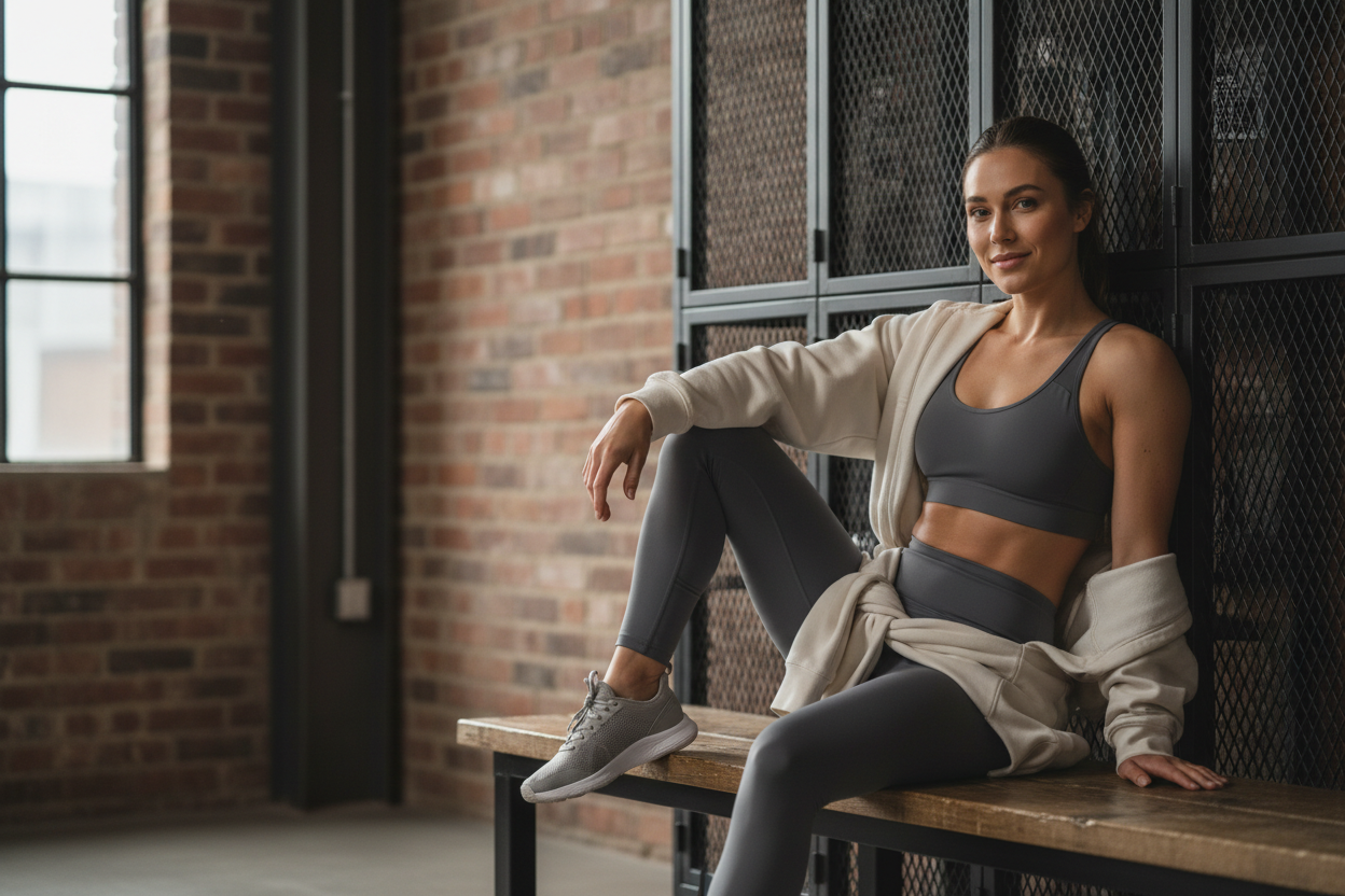 A realistic lifestyle fitness photo of a confident athletic woman resting on a wooden gym bench in an industrial locker-room style gym, exposed brick walls and metal mesh behind her,  wearing modern GymBum UK activewear, relaxed post-workout pose, soft natural lighting from the side, muted neutral tones, premium sportswear campaign photography, shallow depth of field, cinematic composition, space on the left for headline text, wide hero banner aspect ratio, no text, no logos, no watermarks