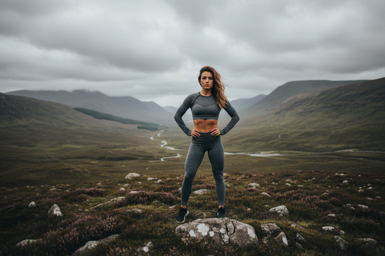 A realistic lifestyle photo of a female fitness model wearing GymBum UK activewear, standing on a rocky Scottish hillside overlooking distant mountains and a winding glen, overcast sky, soft natural light, wind in hair, relaxed confident pose, cinematic outdoor photography, fitness lifestyle aesthetic, no text, no logos