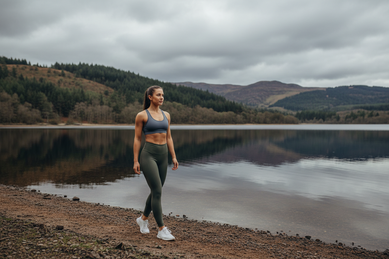A realistic lifestyle photo of a female fitness model wearing GymBum UK activewear, walking along a quiet Scottish loch shore with still water and forested hills behind, moody clouds, muted natural colours, calm peaceful atmosphere, outdoor fitness lifestyle photography, no text, no logos