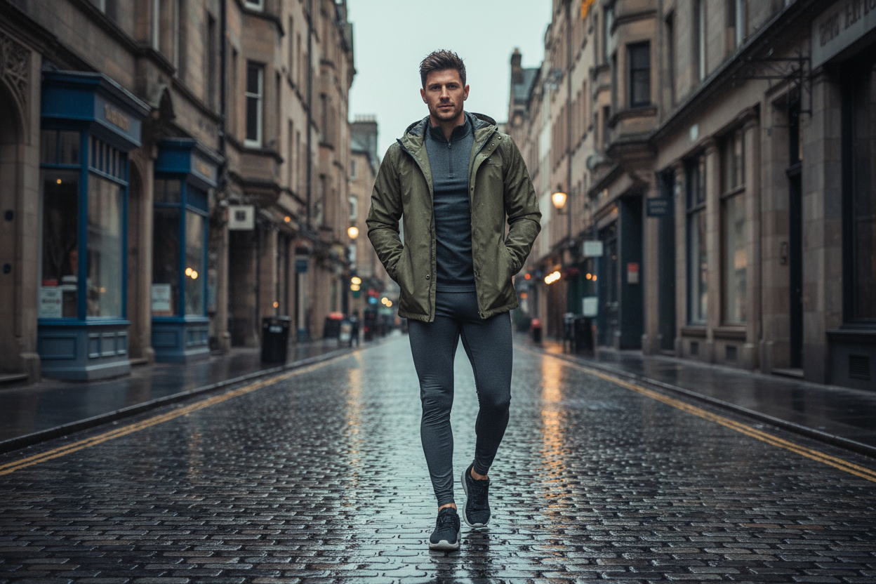 A realistic lifestyle photo of a male fitness model wearing GymBum UK activewear, standing on a wet Scottish city street inspired by Glasgow architecture with stone buildings and shopfronts, overcast sky, reflective pavement, cinematic urban lighting, relaxed streetwear fitness pose, no text, no logos