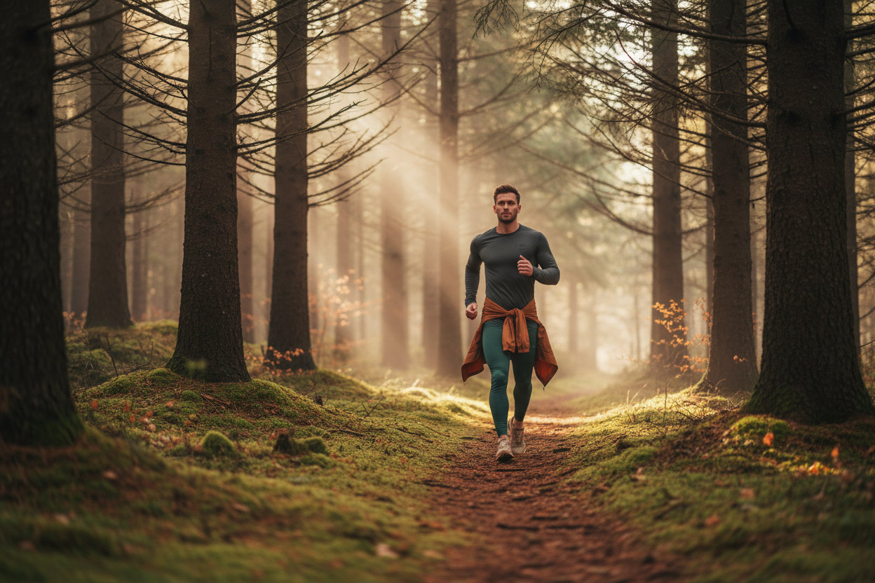 A realistic lifestyle photo of a male fitness model wearing GymBum UK activewear, walking along a pine forest trail in Scotland with mossy ground and filtered light through trees, autumn or spring tones, natural movement, candid lifestyle feel, cinematic photography, no text, no logos