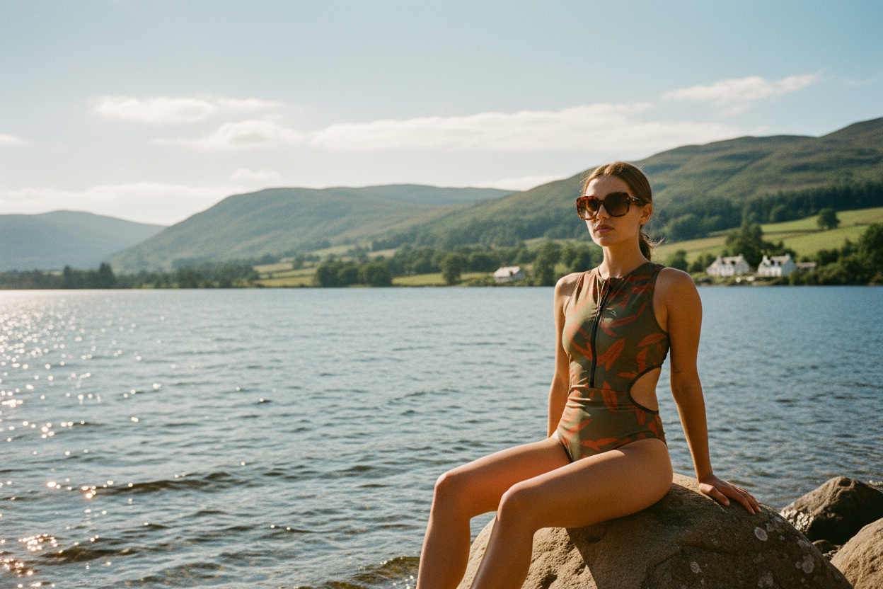 A wide cinematic summer lifestyle image of a female model wearing GymBum UK swimwear in the same seated pose as the reference image, sitting beside a peaceful Scottish loch with sunlit water and rolling green hills behind her, soft clouds in a blue sky, model placed slightly to one side of frame, premium outdoor swimwear photography