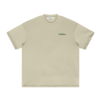 Sand heavyweight T-shirt, front with small blue chest logo