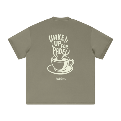 Gray-green heavyweight t-shirt, back graphic with cup and "Wake up for Padel"