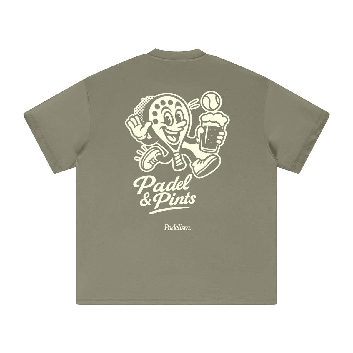 Gray-green heavyweight t-shirt with back cartoon Padel & Pints print