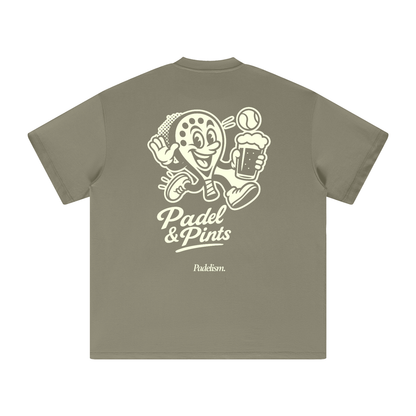 Gray-green heavyweight t-shirt with back cartoon Padel & Pints print
